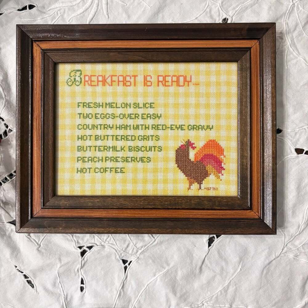 8x10 Rooster Breakfast Ready Cross Stitch Framed Art